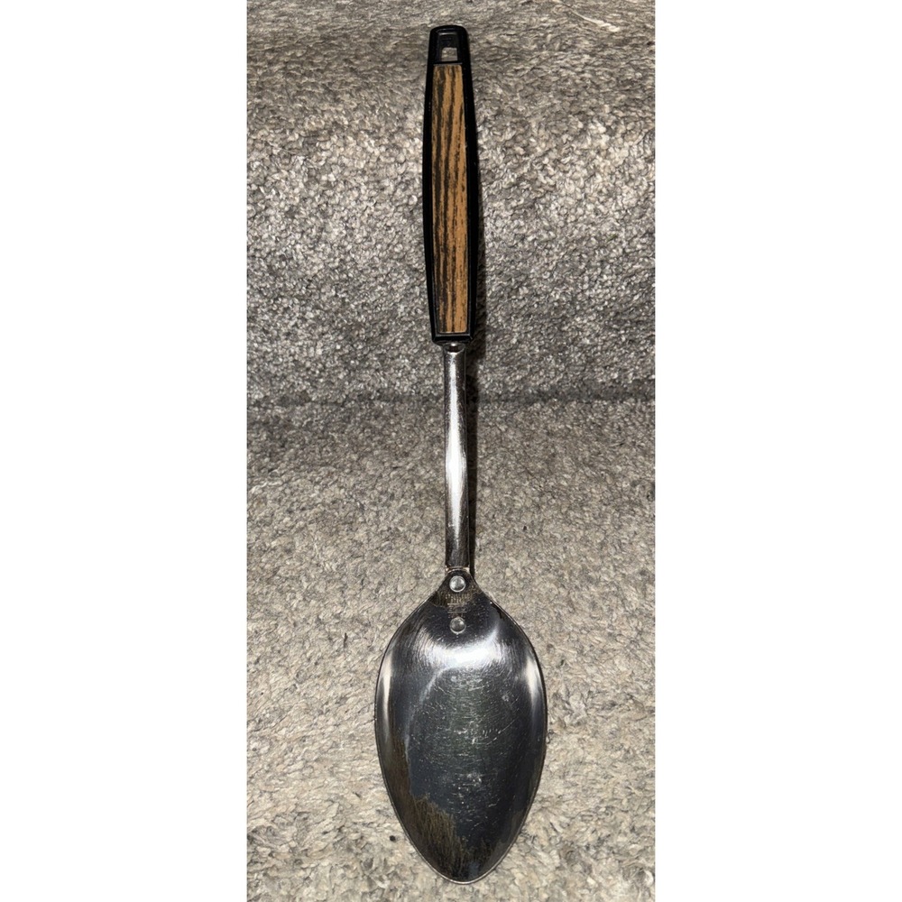 Vintage EKCO Stainless Steel 12" Serving Spoon Faux Wood Handle USA Made MCM